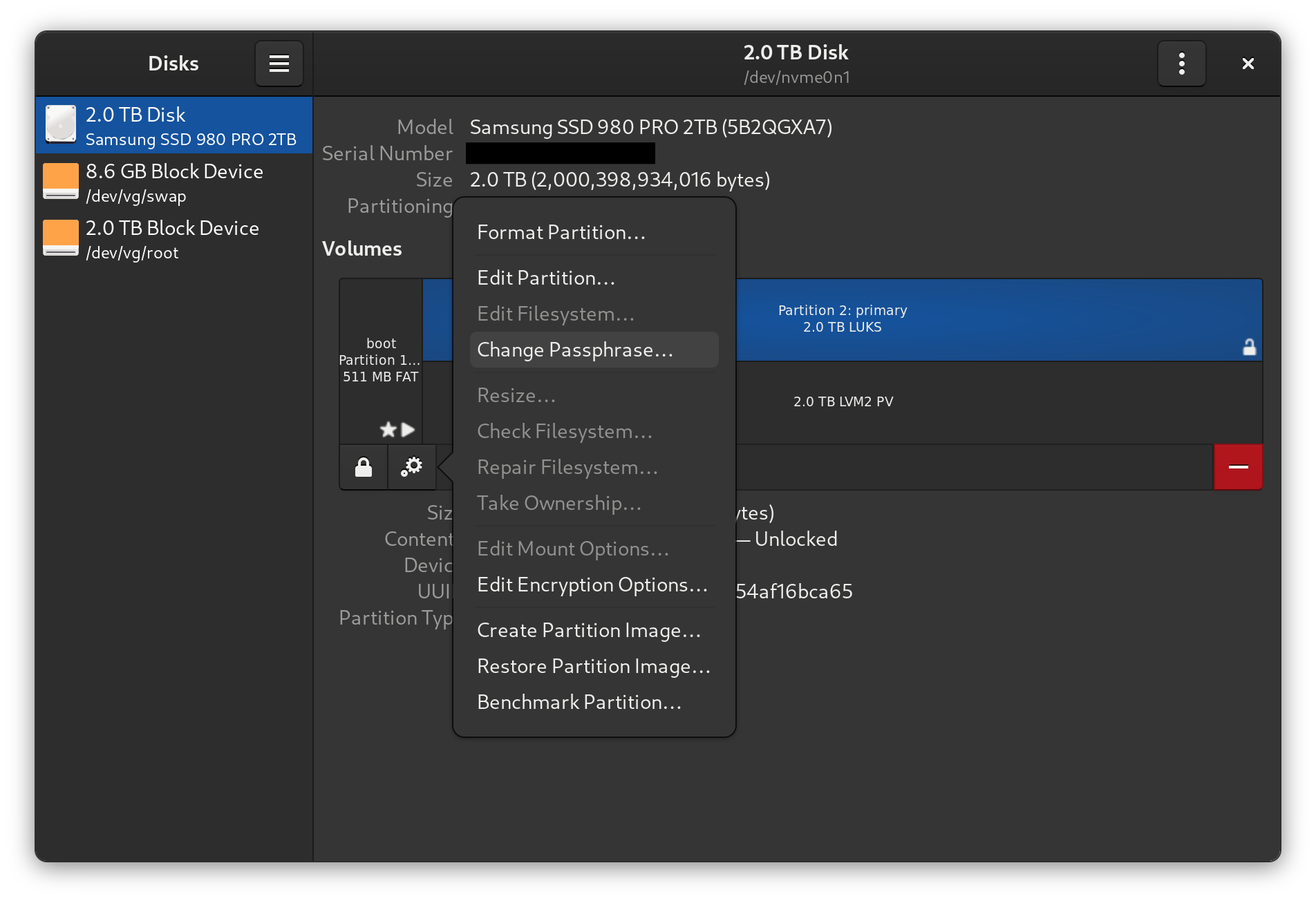 Linux disk management window showing a 2TB Samsung SSD with partition details and management options